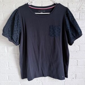 Tommy Hilfiger Women Navy Blue Eyelet Sleeve Pocket T Shirt XL